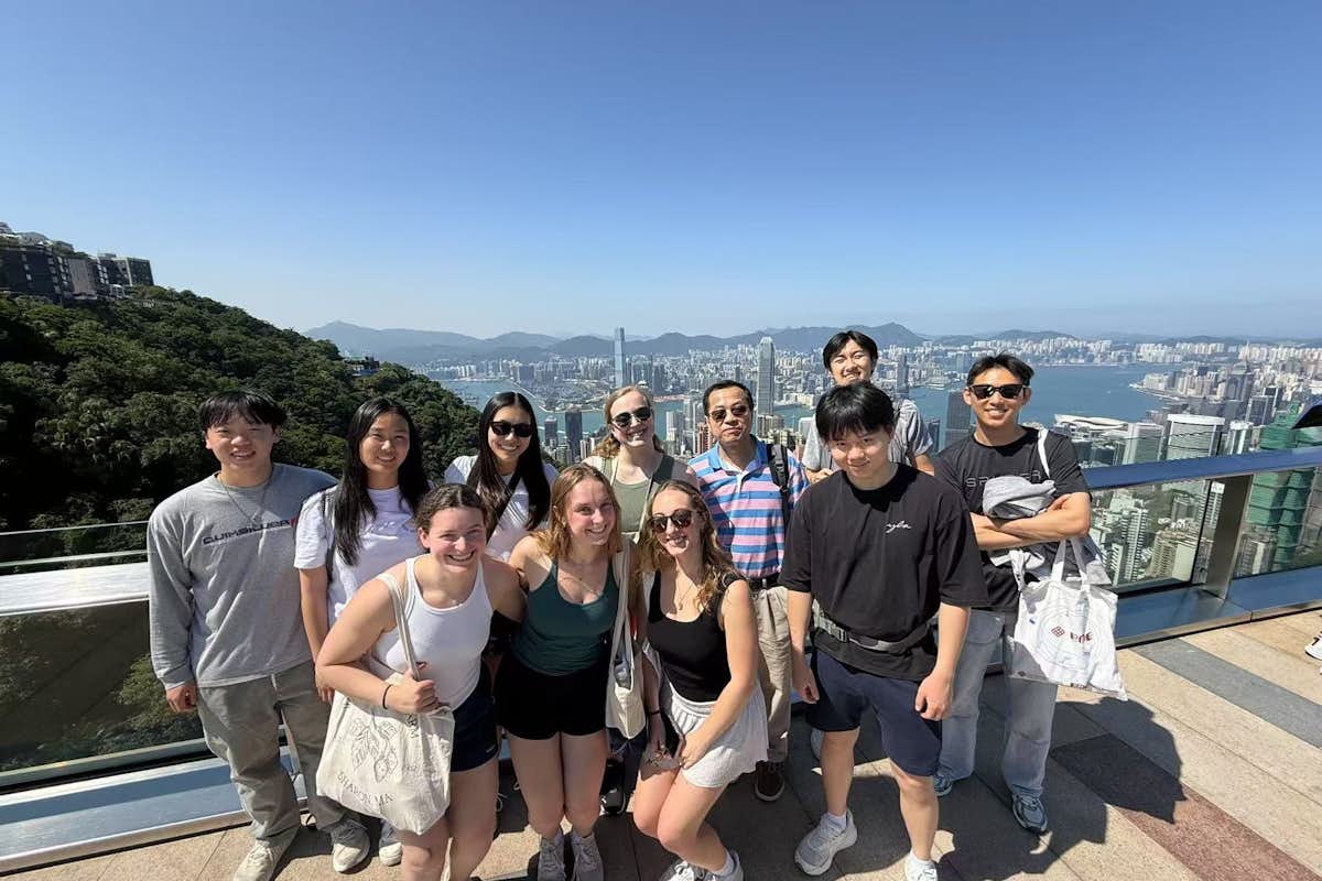 The trip allowed time to visit cultural destinations, including Victoria Peak in Hong Kong. (Back, l-r) Eric Yang, Emily Shen, Katie Auyeung, Audrey Aulino, Jin-Yu Shao, Brandon Qiao, Matthew Tang. Front (l-r) Brooklin Sachs, Caitlyn Garofoli, Dani Hoyt, Justin Yu.