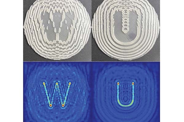Hong Chen and members of her lab designed and 3D printed a flexible and versatile tool known as Airy beam-enabled binary acoustic metasurfaces (AB-BAMs) for ultrasound beam manipulation. They then demonstrated the capability of AB-BAM in water. (Chen lab)