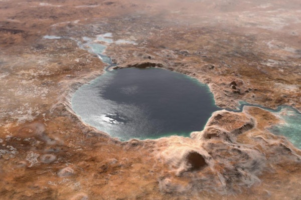 This illustration shows Jezero Crater — the landing site of the Mars 2020 Perseverance rover — as it may have looked billions of years ago on Mars, when it was a lake. At Washington University in St. Louis, Vijay Ramani's lab has developed a way to extract hydrogen and oxygen out of the briny water that may remain under the Martian surface. (Image: NASA/JPL-Caltech)