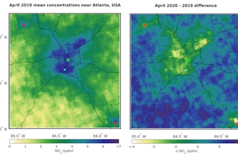 April 2019 and 2020-2019 difference of inferred ground level NO2 mixing ratio near Atlanta. The green circle represents downtown Atlanta, the red diamonds represent coal-burning power plants with capacities > 2000 MW. The blue x represents Hartsfield-Jackson International Airport. The black lines indicate major highways. (Courtesy: Martin Lab)