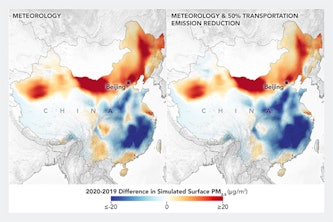 The decrease in PM2.5 concentrations over the North China Plain are most closely reproduced by a combination of a reduction in transportation emissions and meteorology (R) while natural variability dominated elsewhere (L). (Courtesy: NASA Earth Observatory)