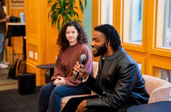 (From left) Jessie Donovan and Donovan Dixson during NSBE’s Black is Future program in February. Dixson talked with Donovan during this multidisciplinary event focused on the combination of the arts and engineering through the past and up to the present. (Credit: Tyler Small)