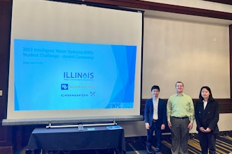  Jiasi Sun (right), a doctoral student in the Department of Energy, Environmental & Chemical Engineering, won first place at the Second Annual Intelligent Water Systems Challenge. (Courtesy photo)