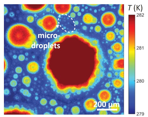 This infrared (IR) image shows the temperature distribution on a surface during condensation. (Credit: Weisensee Lab)