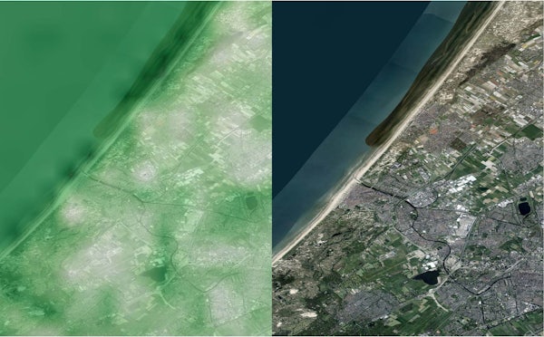 A soundscape map (left) for the text prompt, “This is a sound of sea waves,” and the region’s corresponding overhead image. Green indicates areas where the sound is more probable; white indicates less probable. (Image: Jacobs lab)