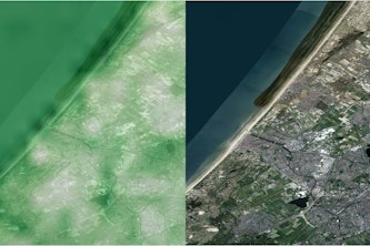 A soundscape map (left) for the text prompt, “This is a sound of sea waves,” and the region’s corresponding overhead image. Green indicates areas where the sound is more probable; white indicates less probable. (Image: Jacobs lab)