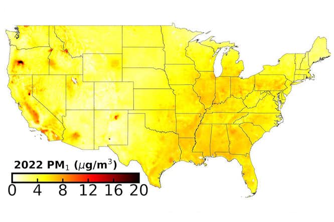 Researchers at WashU determined the concentration of submicron particulate matter over the United States, with the darker red areas holding higher concentrations. These are the smaller particles of air pollution, which could make them more detrimental to human health. (Image: Atmospheric Composition Analysis Group).
