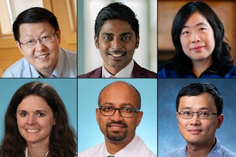 (Clockwise, from left) Chao Zhou, Aravind Nagalu, Lan Yang, all from McKelvey School of Engineering; Shu-Wei Huang, from the University of Colorado Boulder; Rithwick Rajagopal, MD, PhD, and Margaret Reynolds, MD, both from Washington University School of Medicine.  