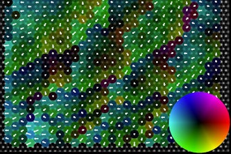 A vector map showing picometer-scale displacements of titanium atoms overlaid onto a scanning transmission electron micrograph that shows the position of different atomic columns. The direction and magnitude of atomic displacements are represented by arrows; direction is also indicated by color. (Image courtesy of Rohan Mishra and Jayakanth Ravichandran)