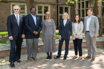 Attendees at the Center for Water Innovation's inaugural symposium included (left to right) Bruce Rittmann, Russell Ford, Lilia Abron, Lutgarde Raskin, Kimberly Parker and Zhen (Jason) He. (Steve Dolan photo)