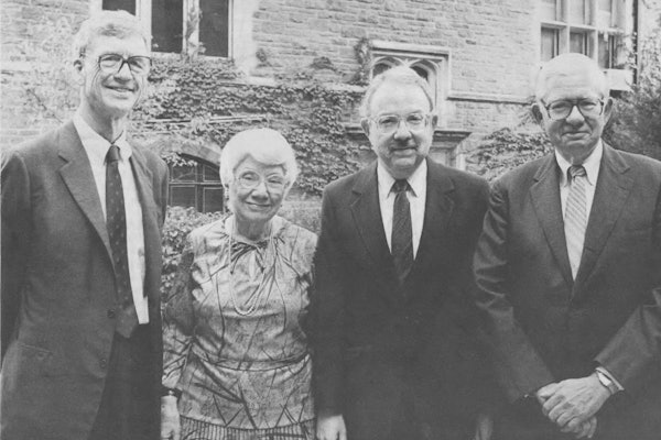 (From left): Chancellor William H. Danforth, Elvera Stuckenberg, Robert Morgan, James McKelvey, dean of the School of Engineering. (The Record, Sept. 24, 1987)  