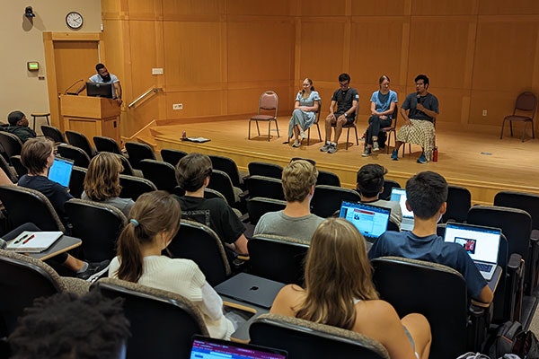 A panel of senior Engineering students speak to first-year students during the first weekly meeting of EN120. The course provides first-year students with opportunities to hear from other Engineering students, faculty and alumni.