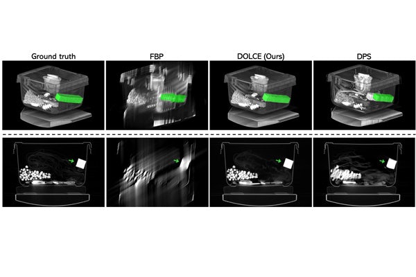 3D rendering of a piece of luggage (row 1) from its 2D slices (row 2) reconstructed using filtered back projection (FBP), diffusion posterior sampling (DPS), and the proposed DOLCE method from the limited-angle CT data containing just one-third of the views from angle range 0-60◦. (Image: Jiaming Liu)