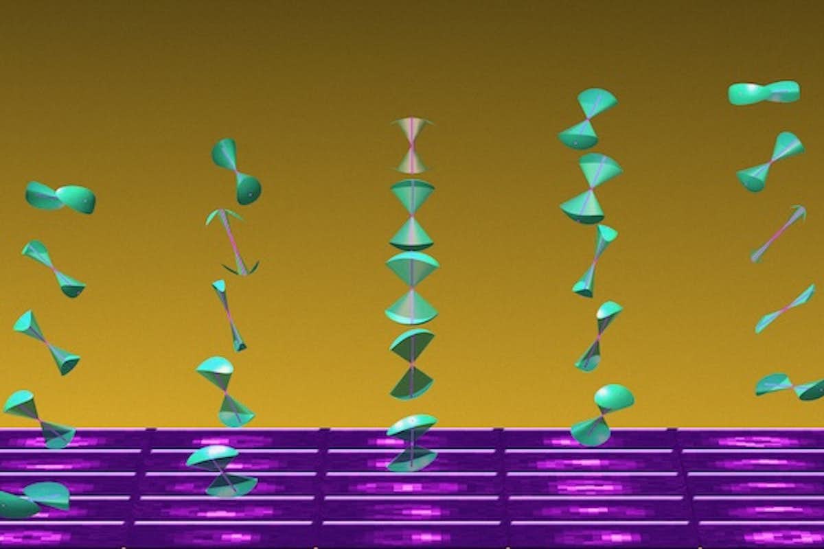 When molecules move and rotate, they don’t always do so symmetrically. Rather, they can wobble more in certain directions, represented here by elliptical cones of different sizes in cyan. A new theoretical framework developed by Matthew Lew is set to shake up how scientists measure and interpret wobbly molecular motion. (Image courtesy of Matthew Lew)