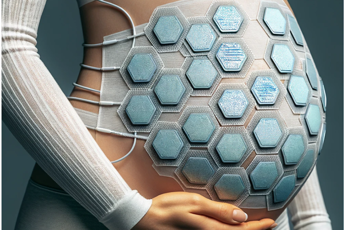 A team of WashU researchers in McKelvey Engineering and WashU Medicine is developing an at-home wearable device that would monitor electrical and mechanical signals in the uterus during pregnancy and labor and provide information about preterm birth. (Credit: Chuan Wang)
